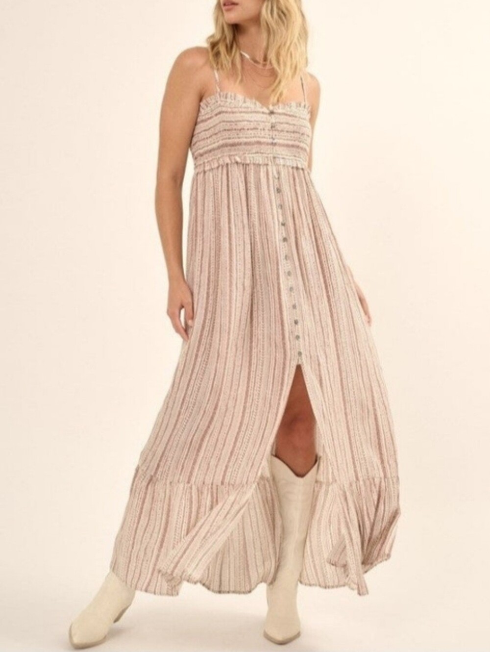 Promesa Western Desert Daydreamer Striped Smock Button Front Boho Flowy Dress